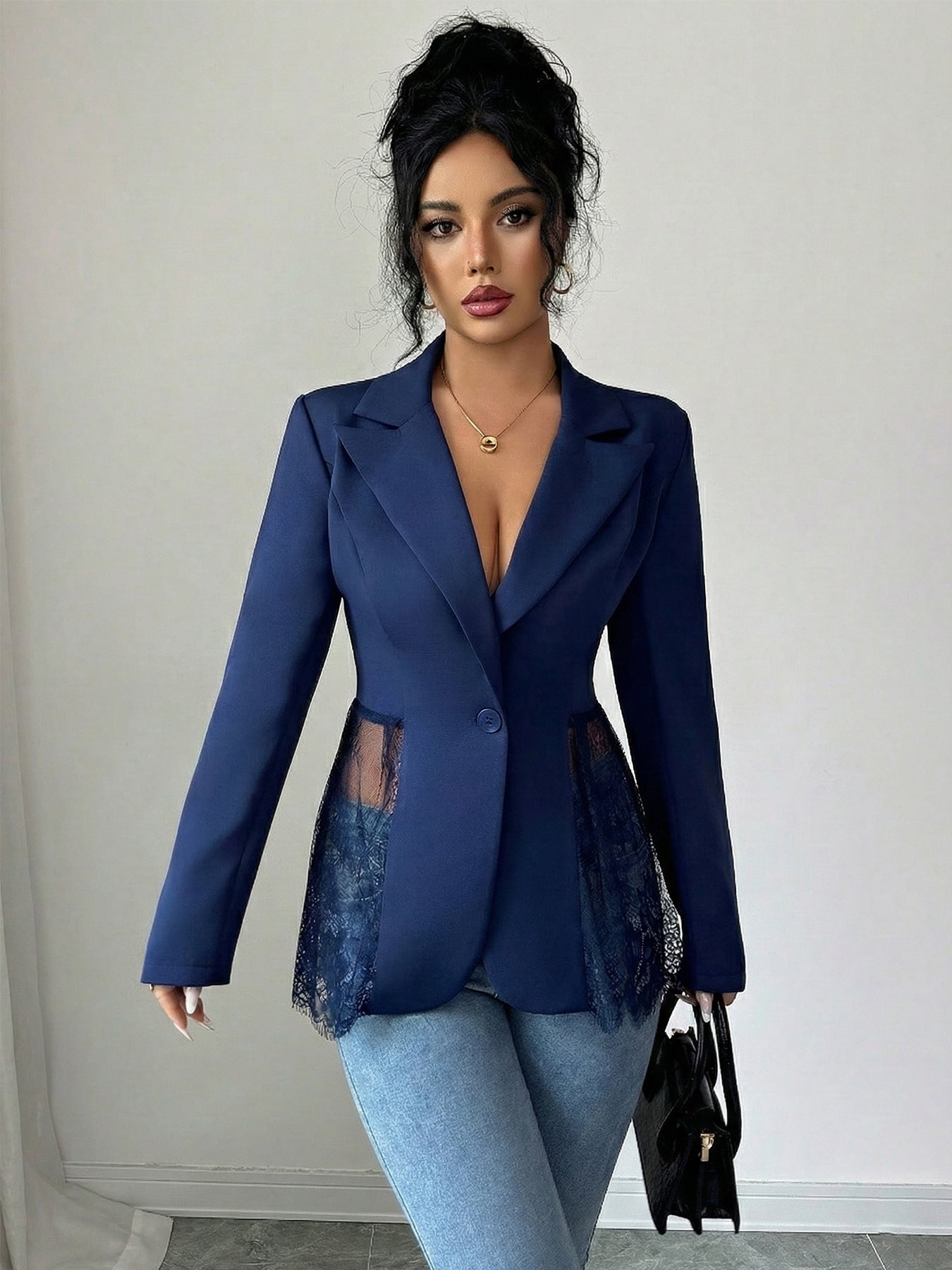 Colorblock Lace Waist Fitted A-Line Blazer for Women