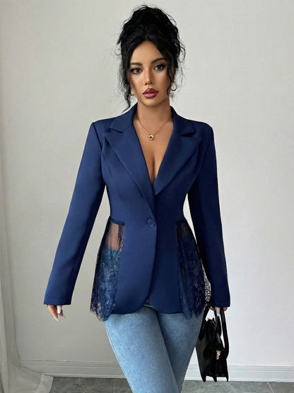 Colorblock Lace Waist Fitted A-Line Blazer for Women