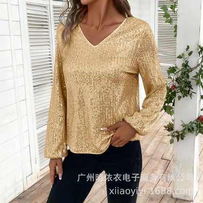 Women's Sequin V Neck Long Sleeve Party Top