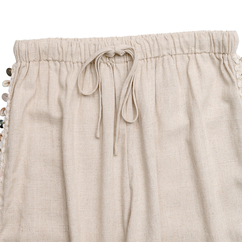 Boho Beach Wide Leg Pants Shell Trim Drawstring