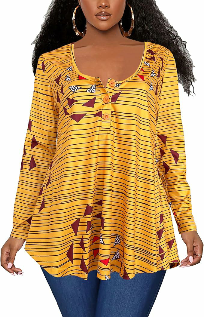 Plus Size African Print Long Sleeve Henley Tunic Top