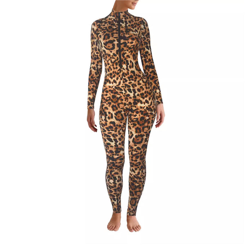 Women's Leopard Print Zip Up Long Sleeve Bodycon Jumpsuit
