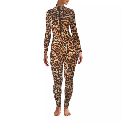 Women's Leopard Print Zip Up Long Sleeve Bodycon Jumpsuit