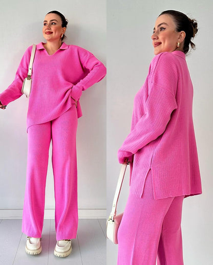 Ribbed Knit Side Slit Lounge Set Wide Leg Pants