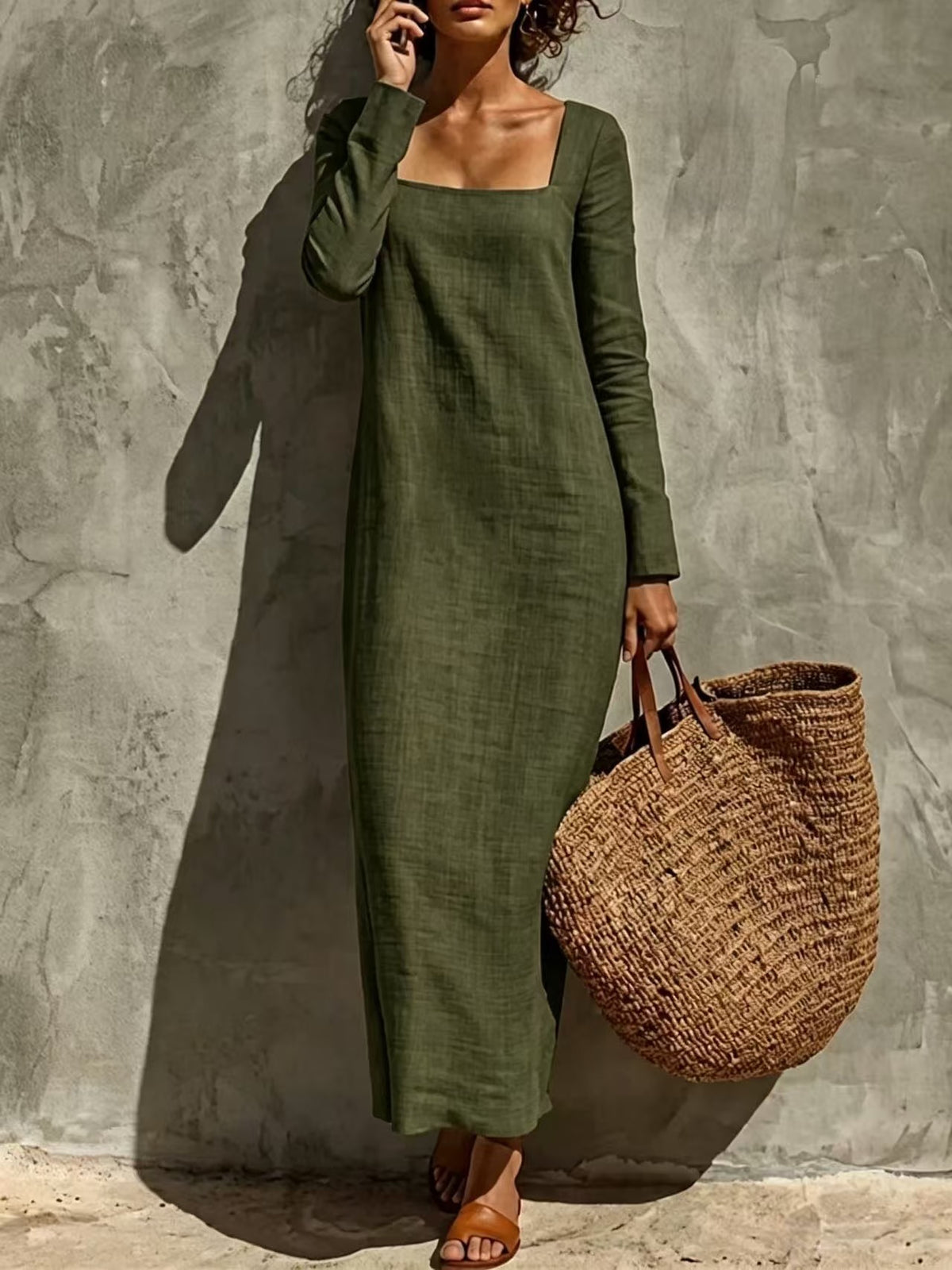 Women's Square Neck Long Sleeve Straight Maxi Dress Casual