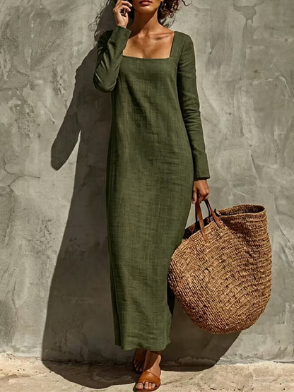 Women's Square Neck Long Sleeve Straight Maxi Dress Casual