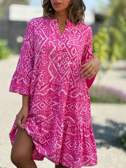 Women's Boho Geometric Tiered V-Neck 3/4 Sleeve Dress