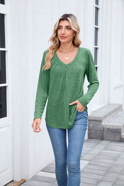 Women's Ruched V Neck Long Sleeve Loose Tunic Top