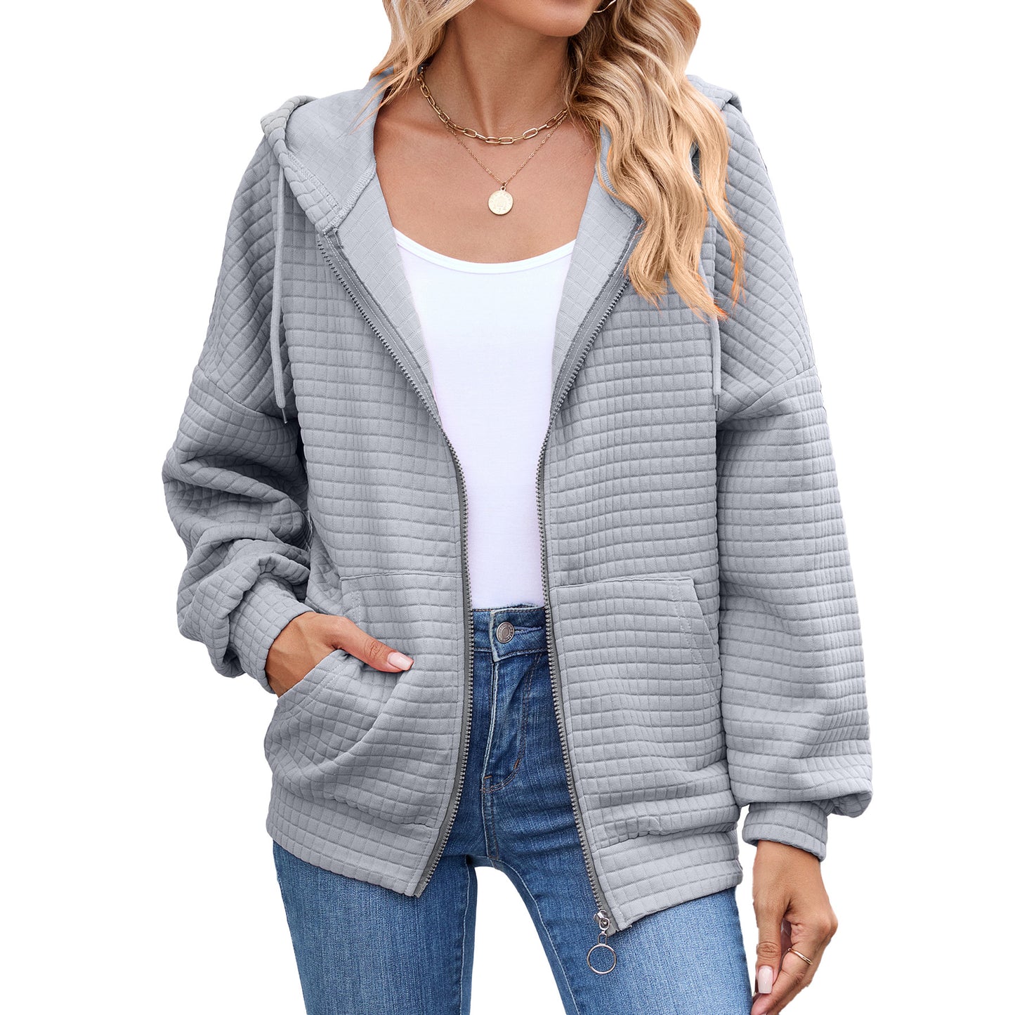 Quilted Zip Up Hooded Jacket Hoodie with Pockets