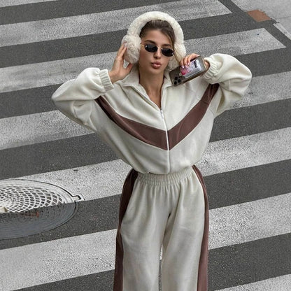 Womens Color Block Zip Up Tracksuit 2 Piece Set