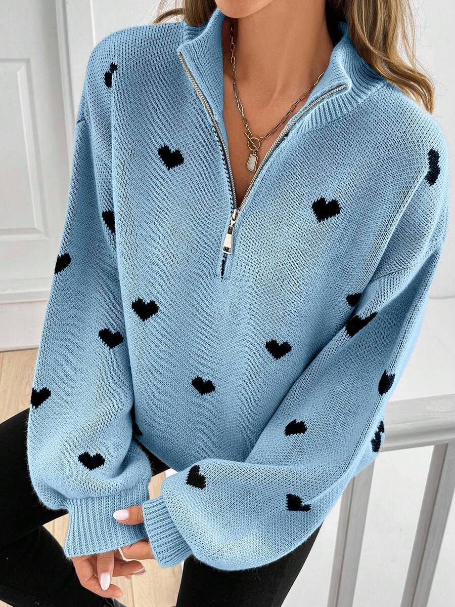 Women’s Heart Print Half Zip Wool Knit Sweater