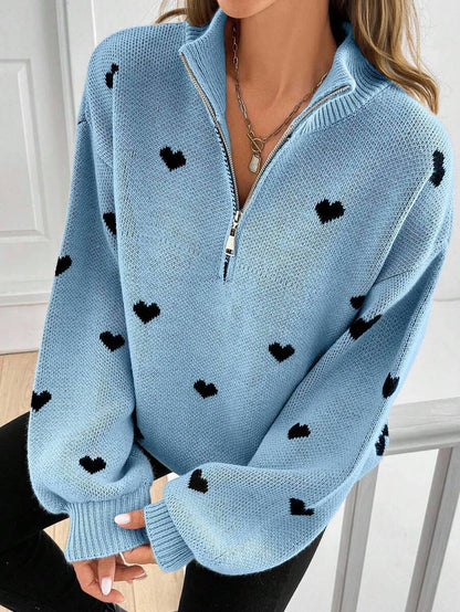 Women’s Heart Print Half Zip Wool Knit Sweater