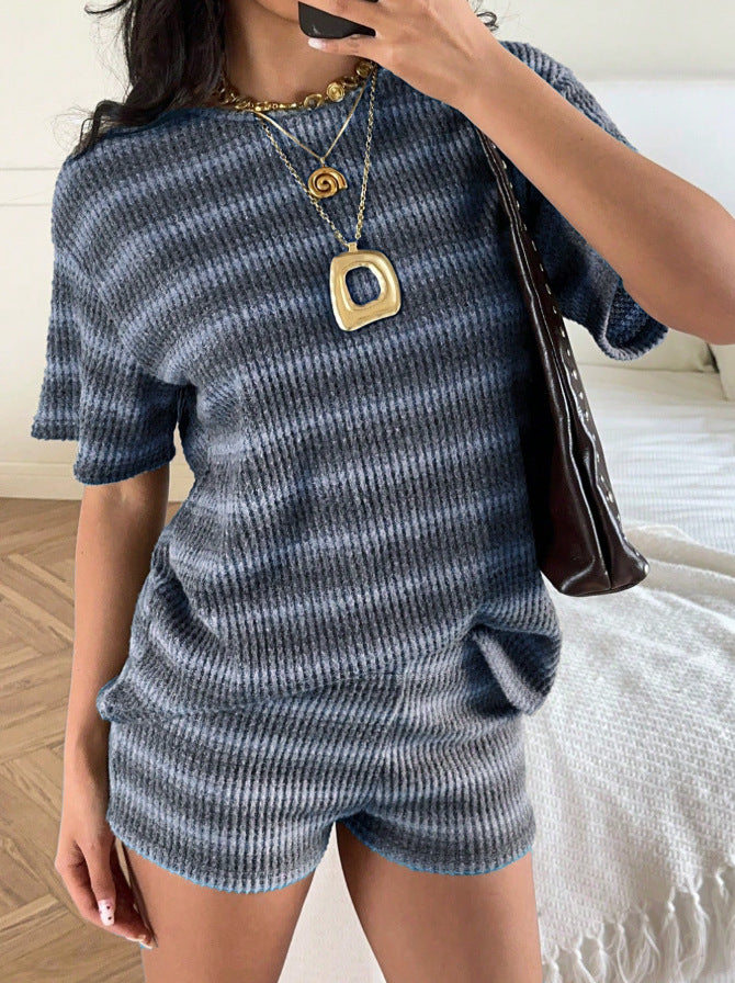 Striped Knit 2 Piece Lounge Set Women Short Sleeve Shorts