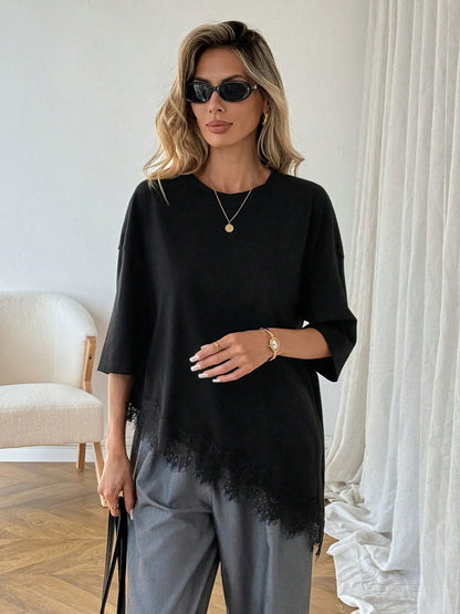 Lace Hem Cotton T Shirt Oversized Short Sleeve Casual Top