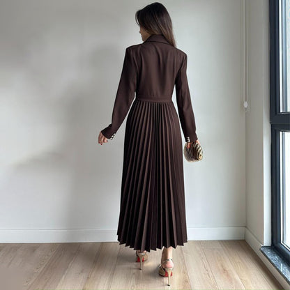 Women's 2 Piece Blazer Pleated Maxi Skirt Set Long Sleeve