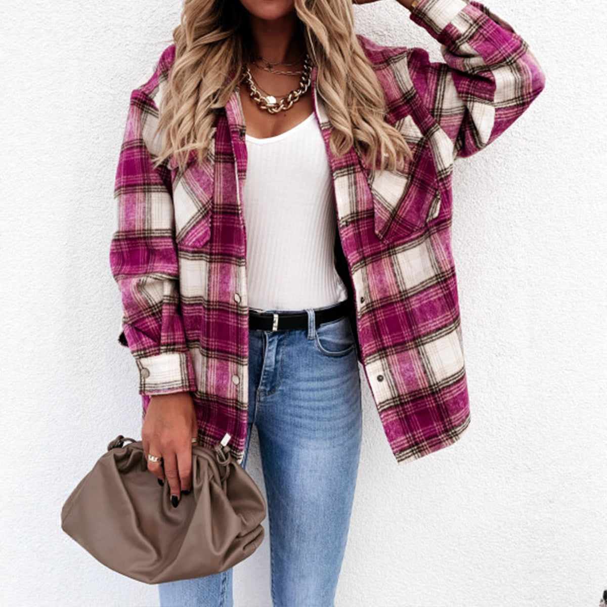 Women's Oversized Plaid Shacket Button Up Jacket