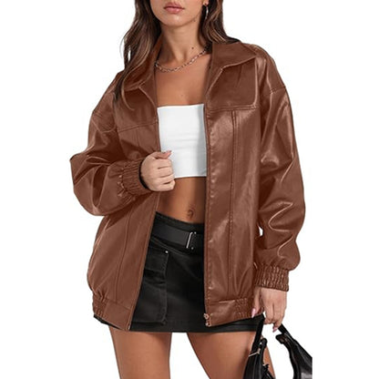 Women's Oversized Faux Leather Jacket Zip Up Collared