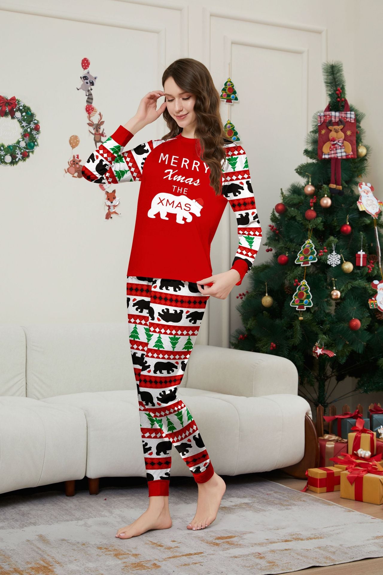 Christmas Tree Bear Letter Striped Parent-child Dress Printed Christmas Pajamas