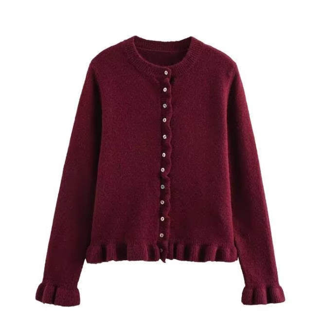 Ruffle Trim Button Front Long Sleeve Cardigan