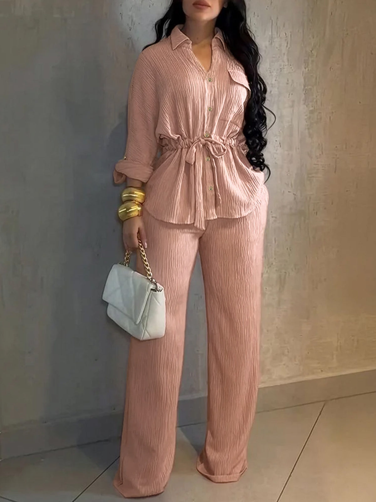 Women's Collared Button Down Shirt Wide Leg Pants 2PC Set