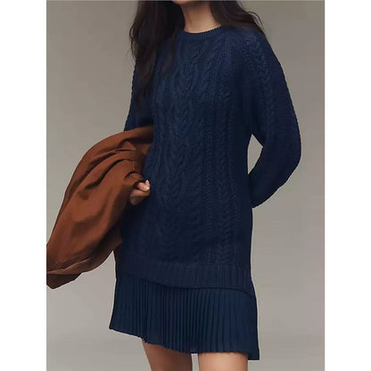 Cable Knit Pleated Hem Mini Sweater Dress