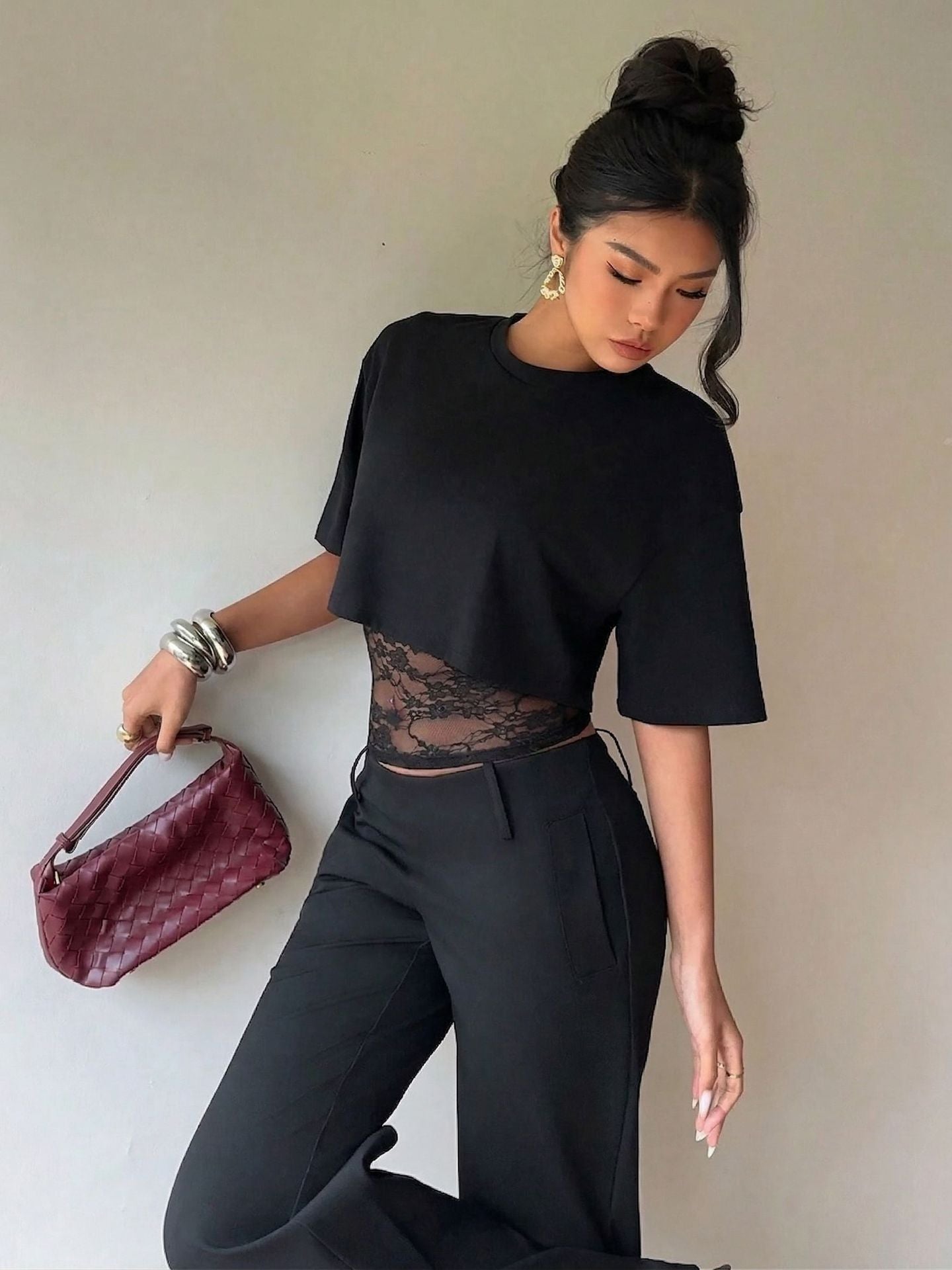 Two-Piece Lace Panel Slim Fit Sheer Short Sleeve Top