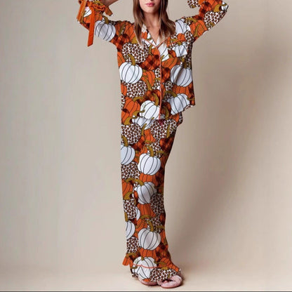 Women's Halloween Pumpkin Pajama Set Long Sleeve Pants