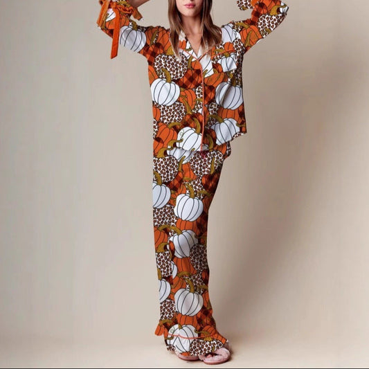 Women's Halloween Pumpkin Pajama Set Long Sleeve Pants