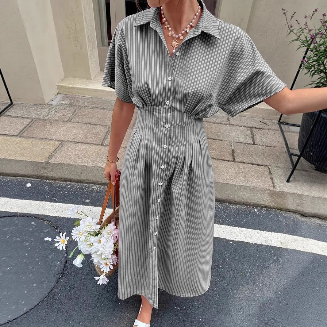 Striped Short Sleeve Button Front Midi Shirt Dress