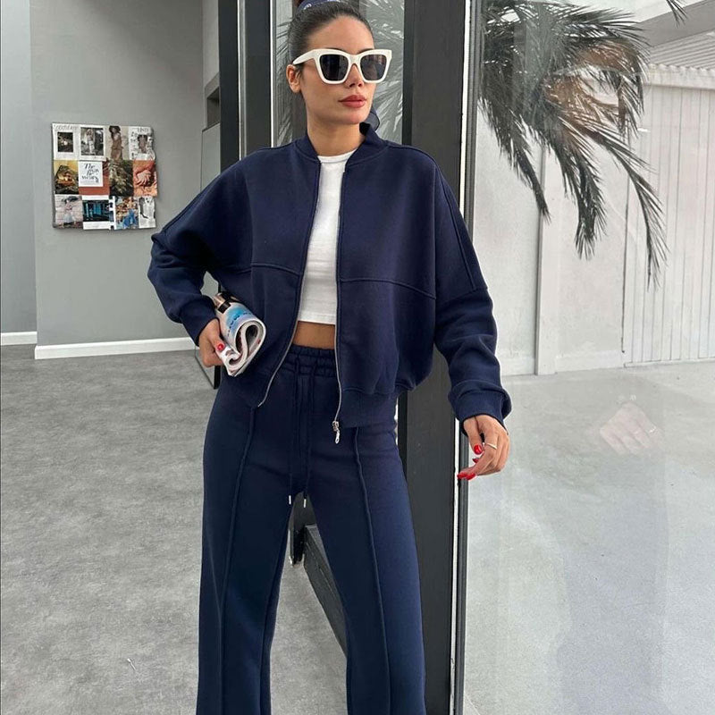 Women's Fleece Lined Zip Up Jacket Wide Leg Pants Set
