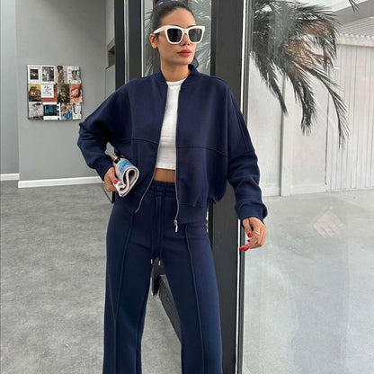 Women's Fleece Lined Zip Up Jacket Wide Leg Pants Set