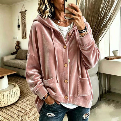Women's Velvet Hooded Button Up Cardigan
