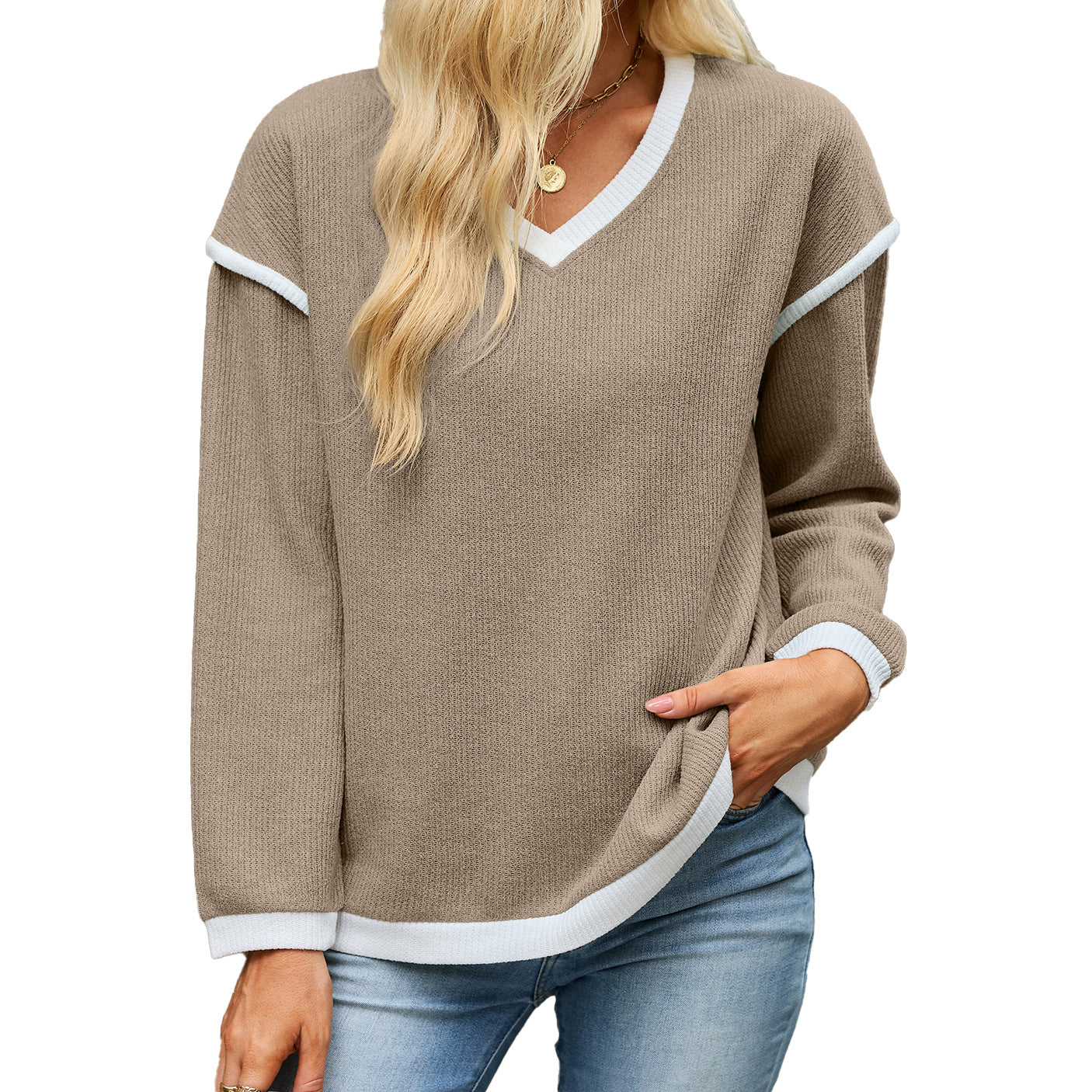 Women's Color Block V Neck Long Sleeve Knit Tunic Top