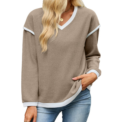 Women's Color Block V Neck Long Sleeve Knit Tunic Top