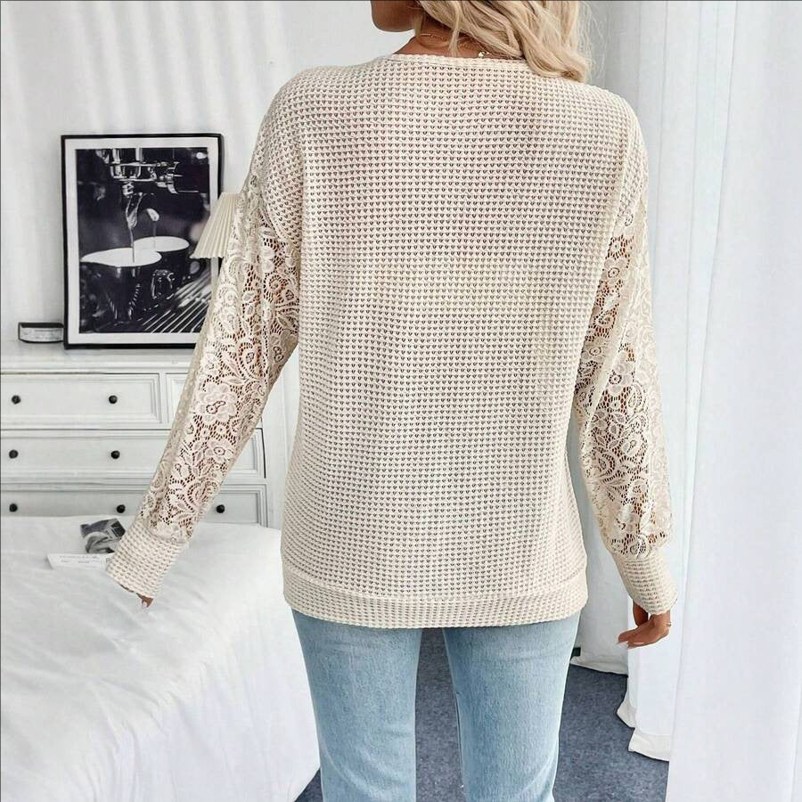 Waffle Knit V Neck Lace Sleeve Pullover Sweater
