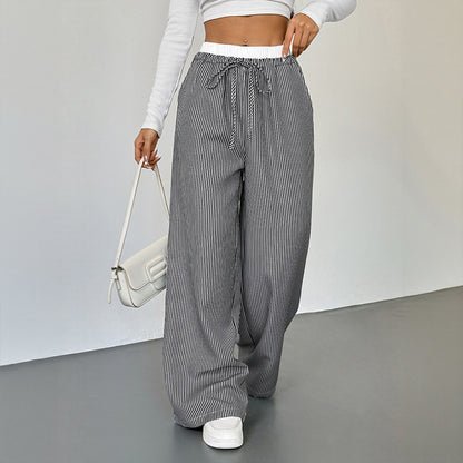 Striped Lace Trim Drawstring Wide Leg Pants