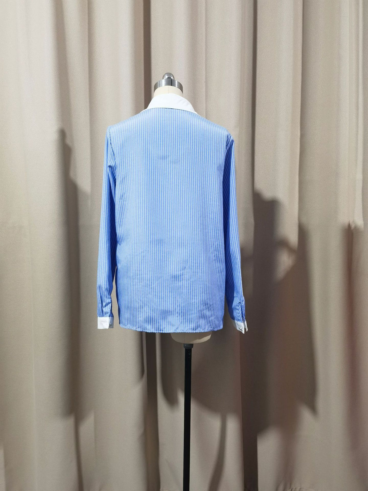 Women's Blue Striped Contrast Collar Long Sleeve Blouse