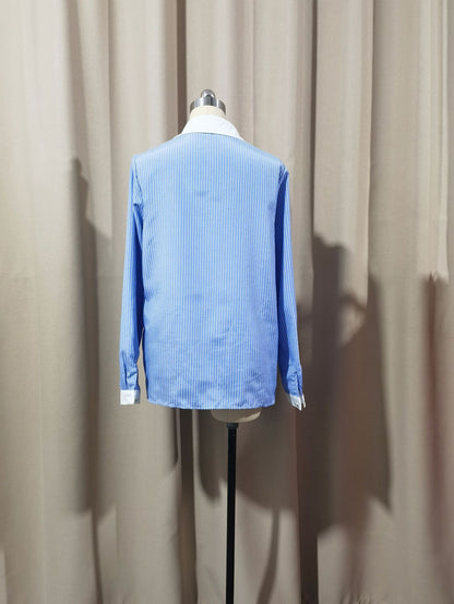 Women's Blue Striped Contrast Collar Long Sleeve Blouse