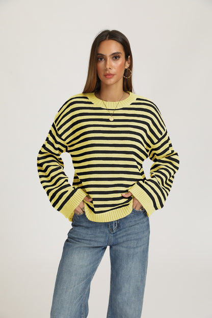 Striped Knit Sweater Crew Neck Pullover Oversized Top