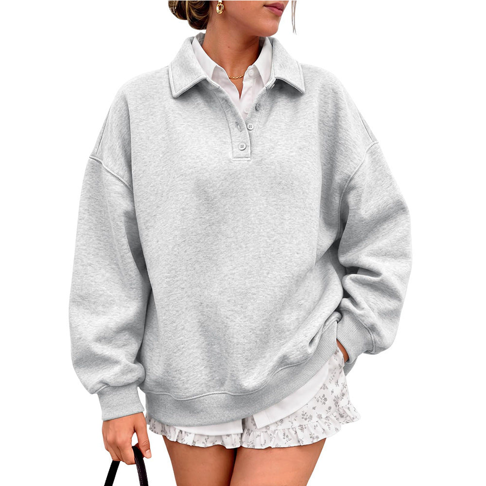 Polo Collar Fleece Pullover Relaxed Fit Sweatshirt
