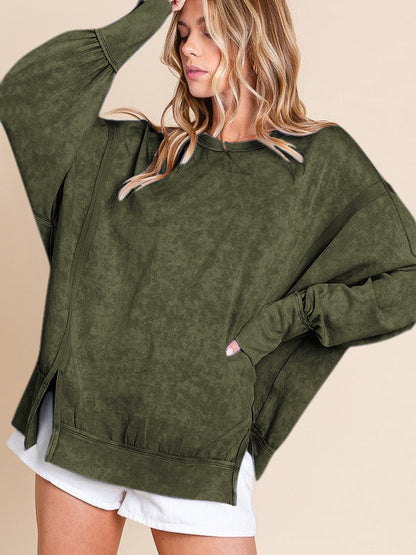 Acid Wash Oversized Sweatshirt Side Slit Drop Shoulder