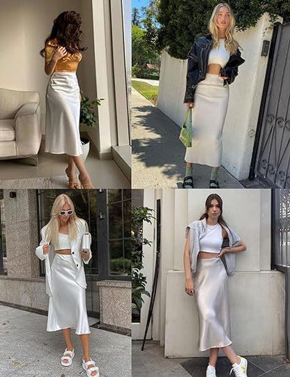 Women's Satin High-Waist Midi Skirt – Elegant Summer Slip Skirt