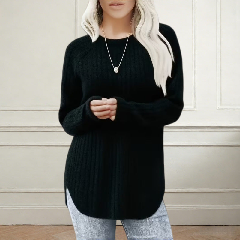 Plus Size Waffle Knit Tunic Long Sleeve Curved Hem Top