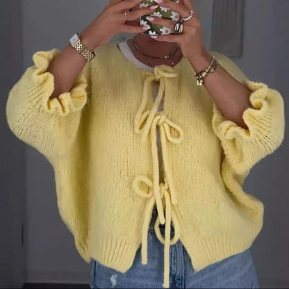 Women's Tie Front Knit Cardigan Ruffle Sleeve