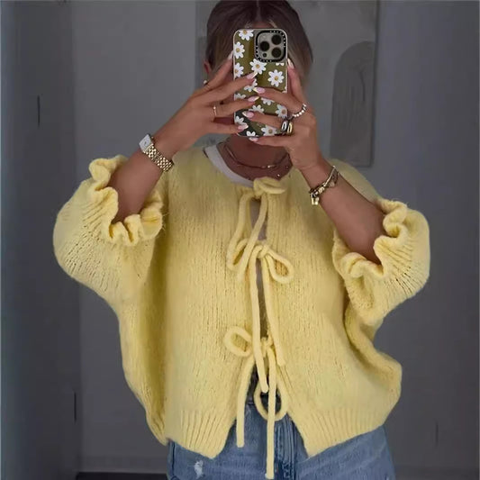 Women's Tie Front Knit Cardigan Ruffle Sleeve