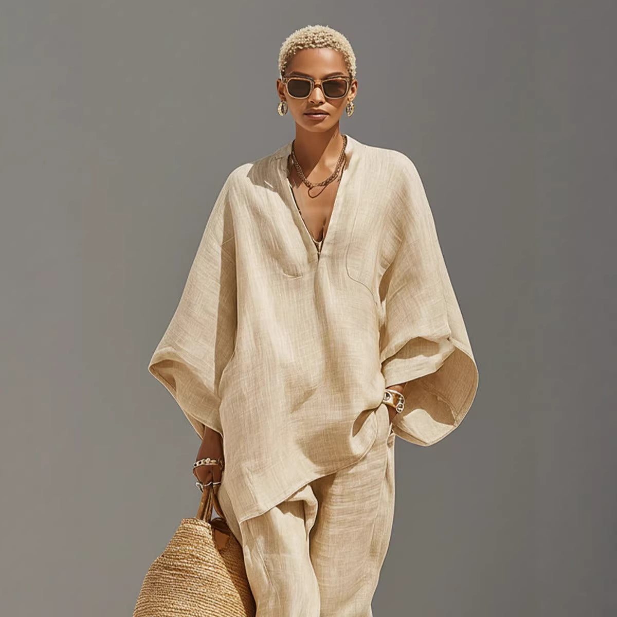 Women's Linen Blend Batwing V-Neck Two Piece Set