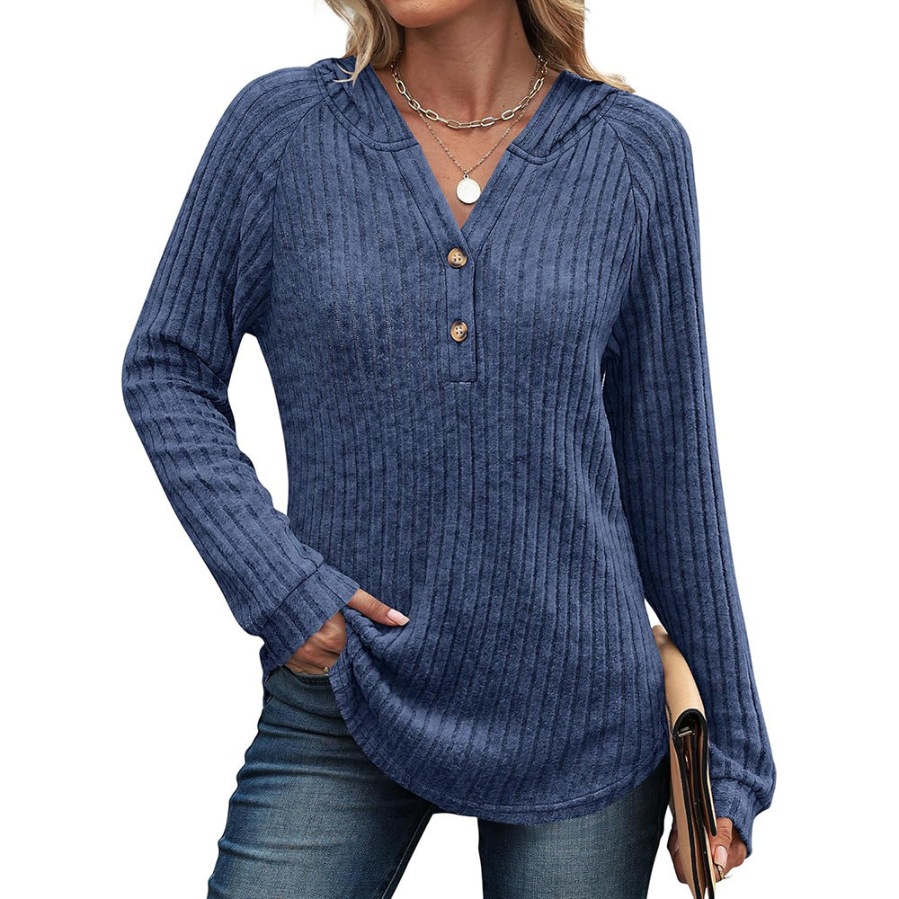 Women's Loose Hooded V Neck Button Ribbed Knit Sweater