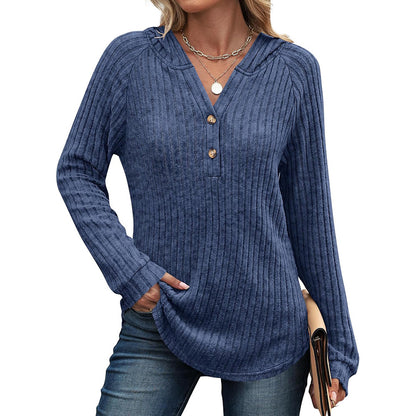 Women's Loose Hooded V Neck Button Ribbed Knit Sweater