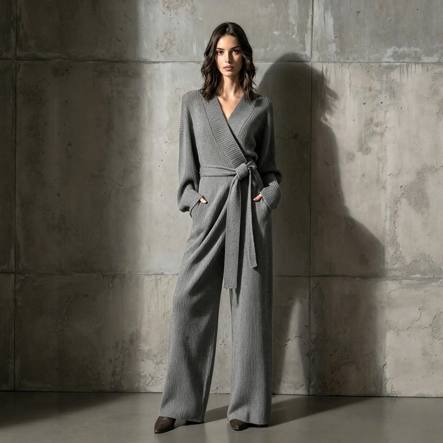 Women's Ribbed Knit Wrap Belted Jumpsuit Wide Leg