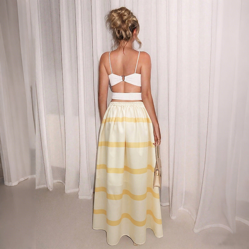 High Waist Striped Maxi Skirt Flowy Summer Vacation